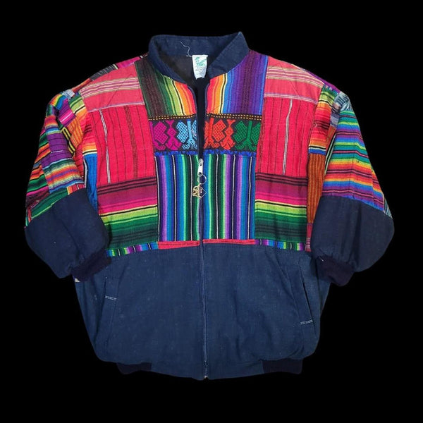 Vintage Multicolored Guatemalan Woven Patchwork Zip Up Bomber Jacket