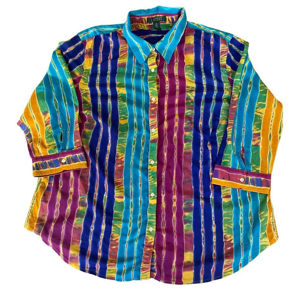90's Vintage Ralph Lauren Multicolor Tie-Dye Stripe Print Blouse 3/4 Sleeve Collar Button-Up