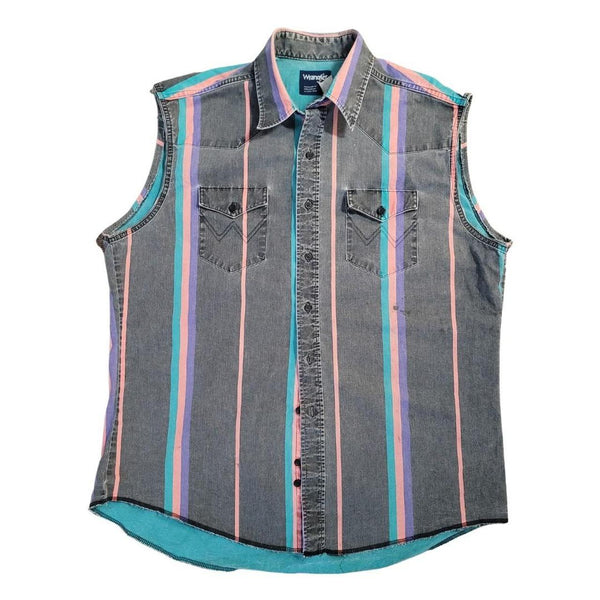 Wrangler Vintage Denim Pink & Green Striped Custom Sleeveless Shirt